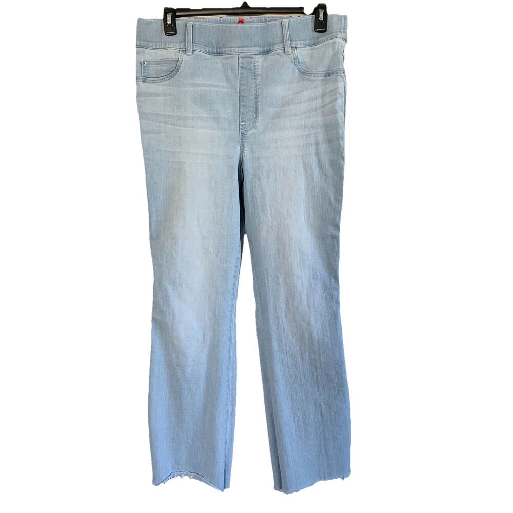 SPANX Retro Light Wash Flare Leg Pull-On Blue Jeans Size 1X Tall Raw Hem 35x30.5